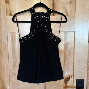 New with Tag Michael Kors Gold Tone Studded Cross Front Halter Top S Black $88